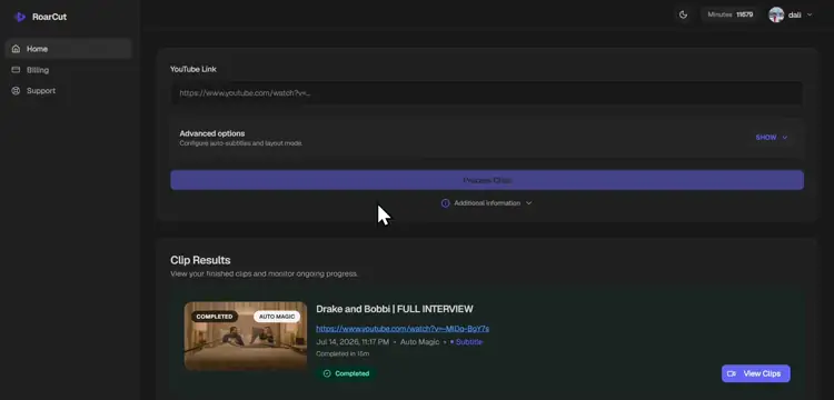 RoarCut dashboard showing completed vertical clips